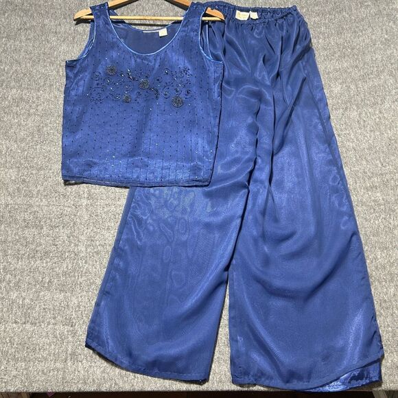 Victorias Secret Pajama Set‎ M/L Vintage Tank Pants Sheer Navy Blue Beaded